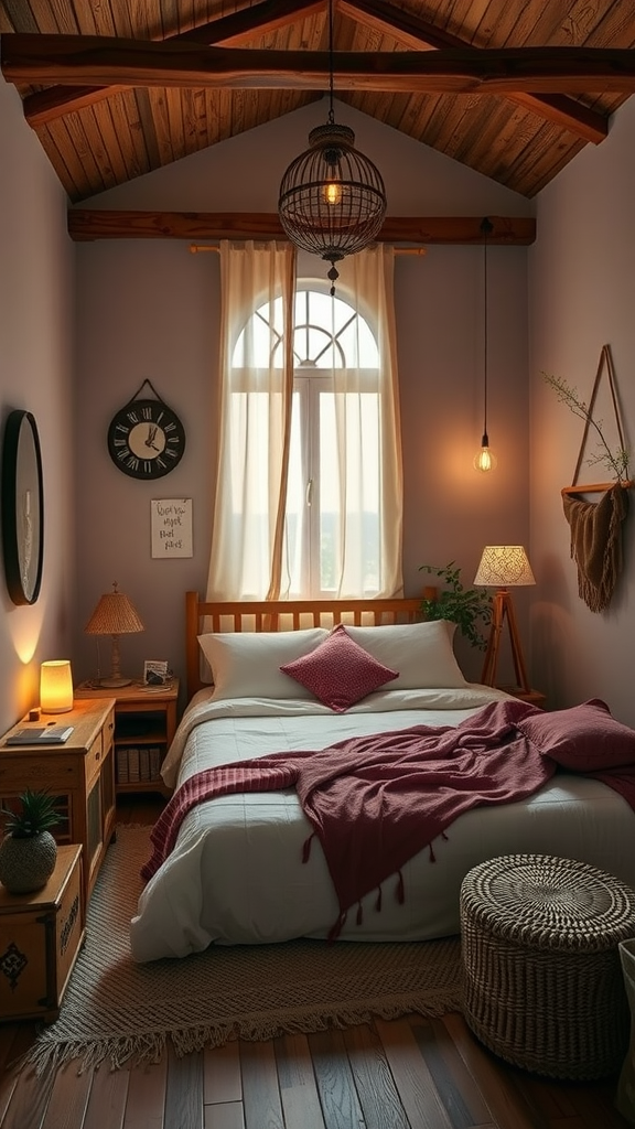Cozy Eclectic Boho Bedroom with wooden furniture and warm lighting.
