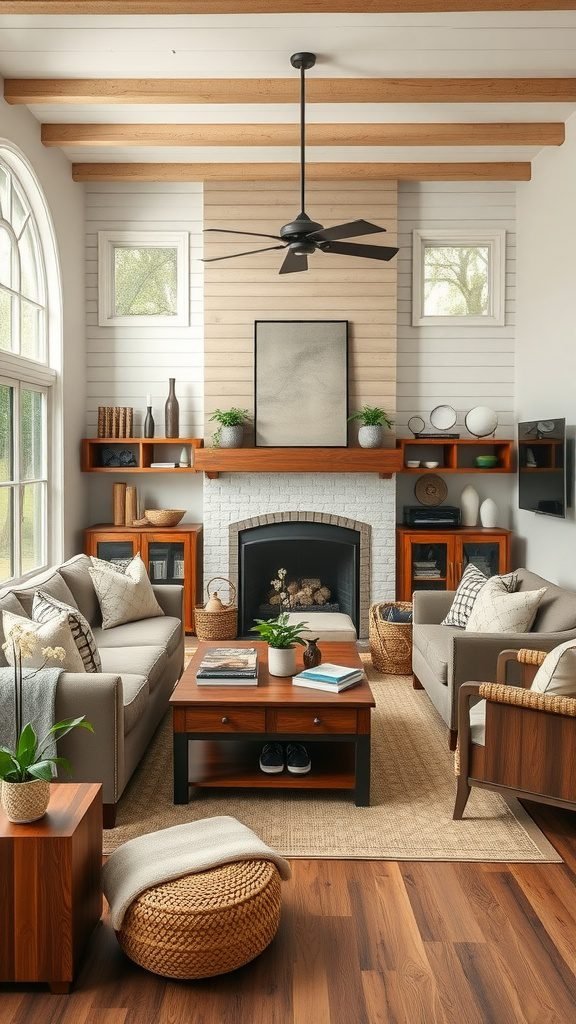 Cozy farmhouse living room with comfortable seating and a rustic coffee table, ideal for entertaining guests.