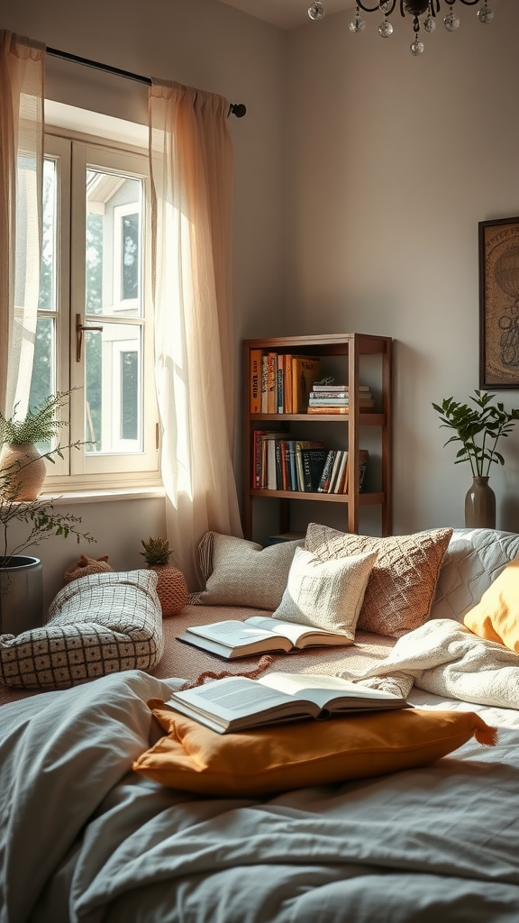 A cozy nook in an Eclectic Boho Bedroom featuring soft pillows, books, and plants
