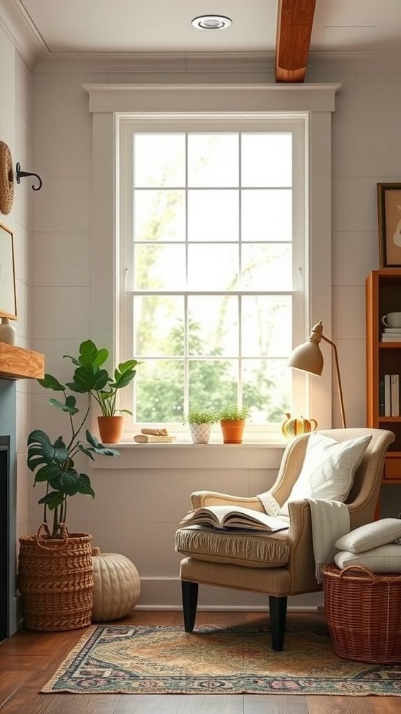 Cozy reading nook in a farmhouse living room with a chair, plants, and a window.