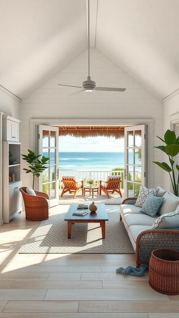 Bright coastal living room with open doors leading to a beach view.