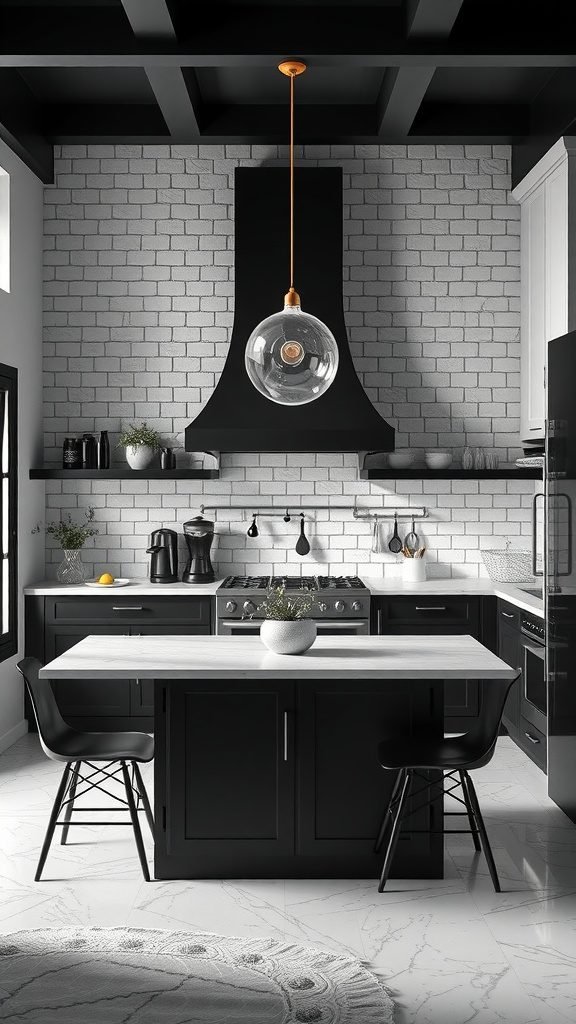 A stylish black and white kitchen featuring a round pendant light, black cabinets, and a marble countertop.