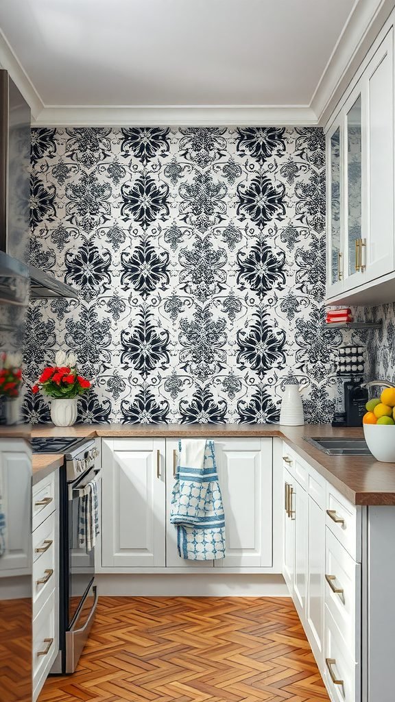 A black and white kitchen featuring a floral patterned wallpaper, white cabinetry, and wooden flooring.
