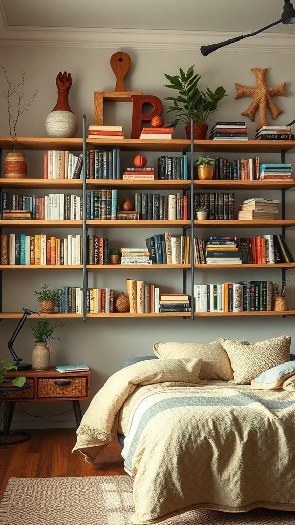 A cozy dark earthy bedroom with a well-organized shelving unit filled with books and decorative items.