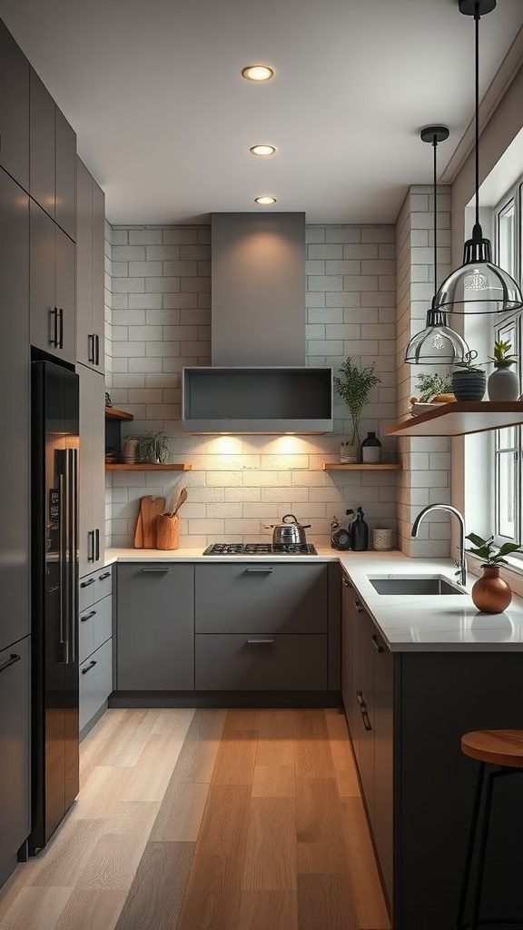 A modern kitchen with dark cabinetry, light wood flooring, and warm lighting.
