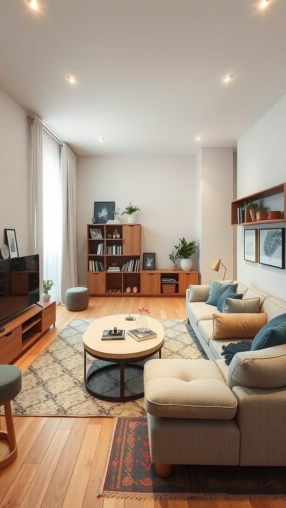 A cozy goblincore living room featuring a neutral sofa, wooden furniture, plants, and a textured rug.