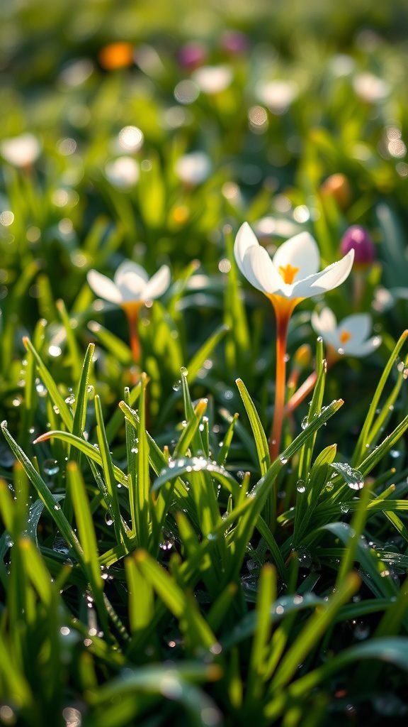 A close-up of white crocus flowers with morning dew on green grass
