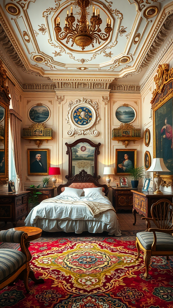 An ornate Rococo Bedroom featuring a lavish chandelier, intricate ceiling design, rich wooden furniture, and vibrant rugs.