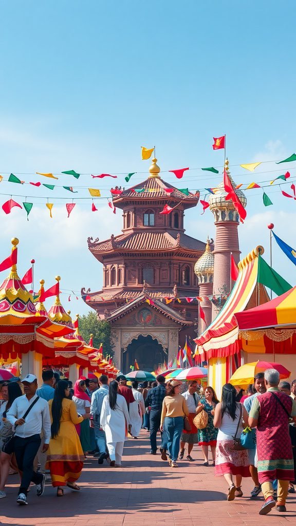 A vibrant festival scene in March with colorful stalls, flags, and a crowd enjoying the festivities.