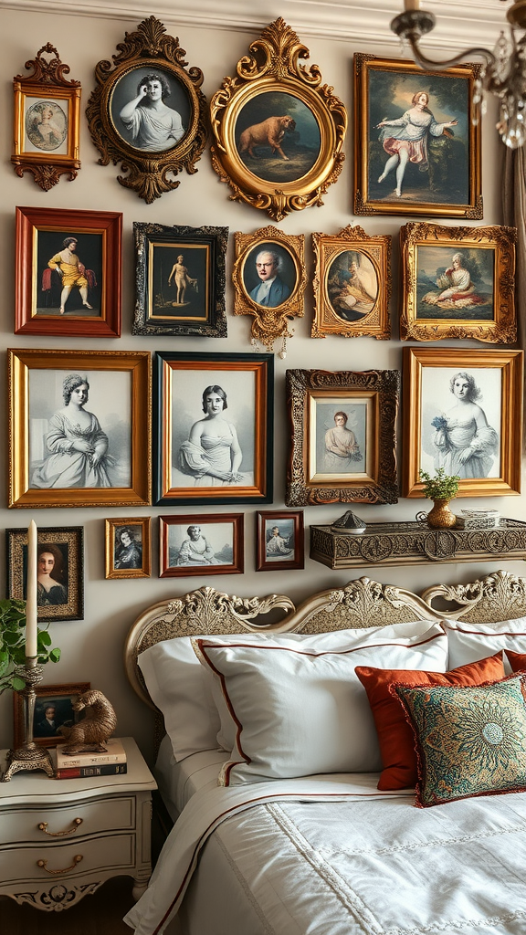 A Rococo bedroom featuring an ornate bed and a wall filled with framed portraits and artworks.
