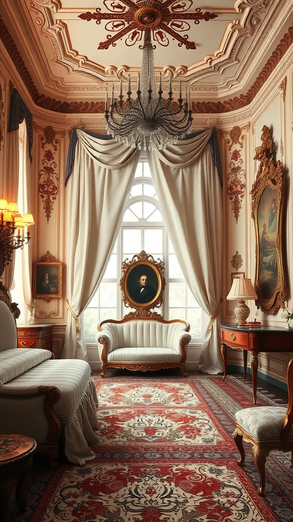 A beautifully decorated Rococo Bedroom with curved lines and asymmetrical design elements.