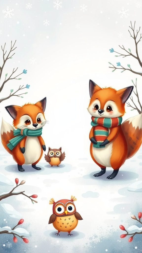 Cute illustration of two foxes and an owl in a snowy landscape