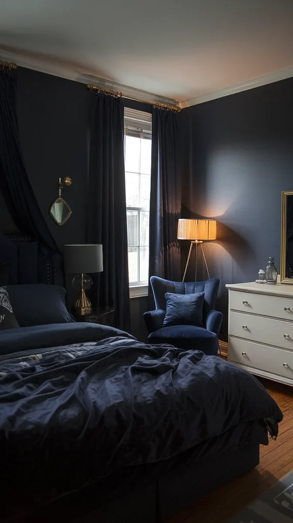 dark feminine bedroom navy