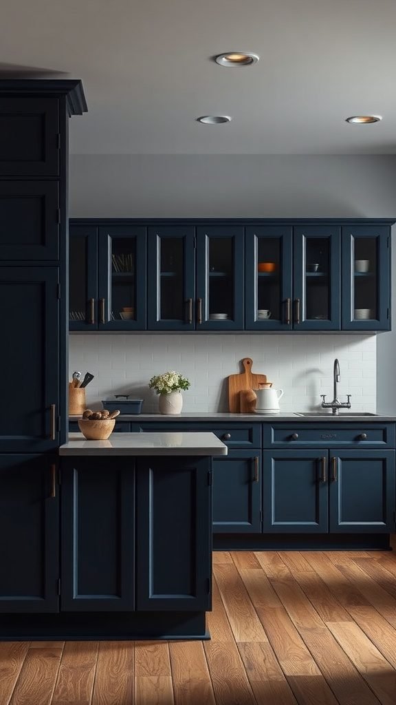A dark navy blue kitchen with wooden flooring and soft lighting.