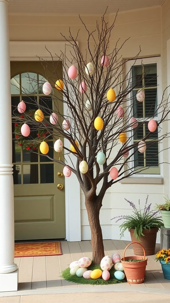 A decorative egg tree on a porch, adorned with colorful Easter eggs, surrounded by additional eggs and potted plants.
