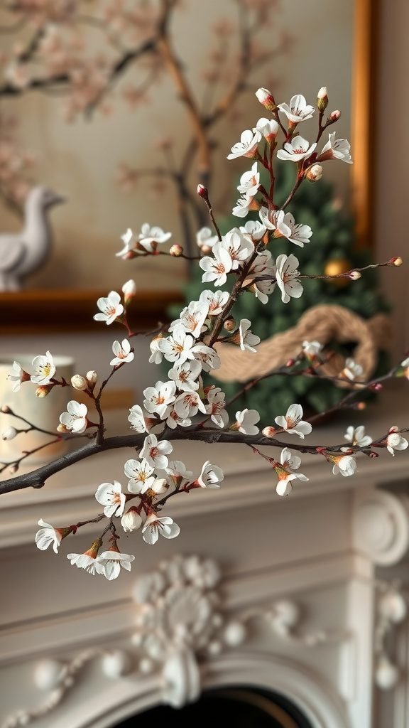A close-up of delicate white blossoms on a branch, enhancing Easter mantle decor.