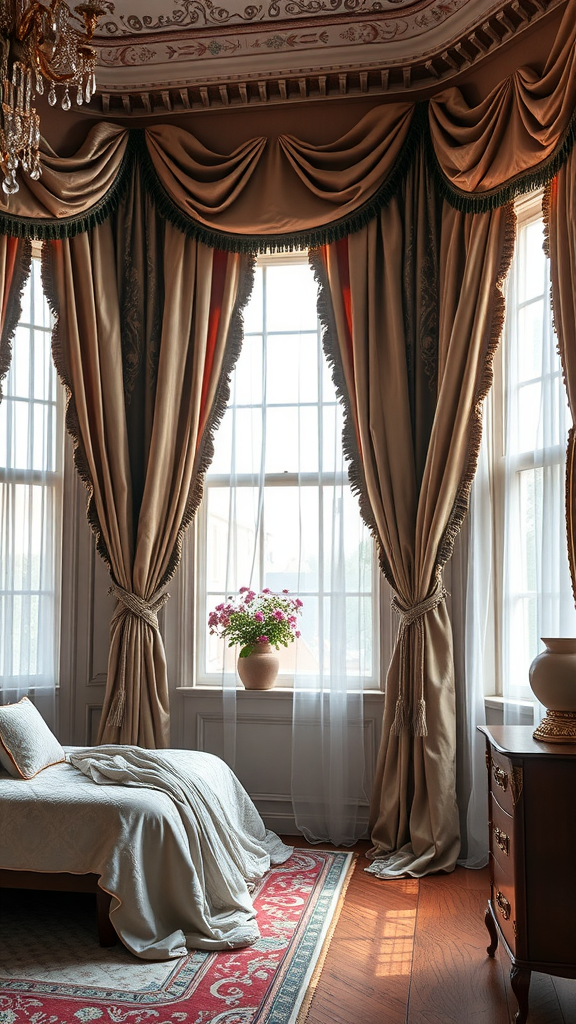 A beautifully decorated Rococo bedroom with elegant drapery framing the windows, featuring soft curtains and a cozy bed.