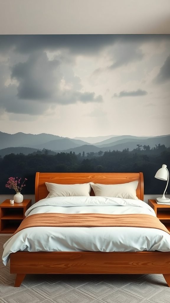 A dark earthy bedroom with a wooden bed frame and mountain mural.