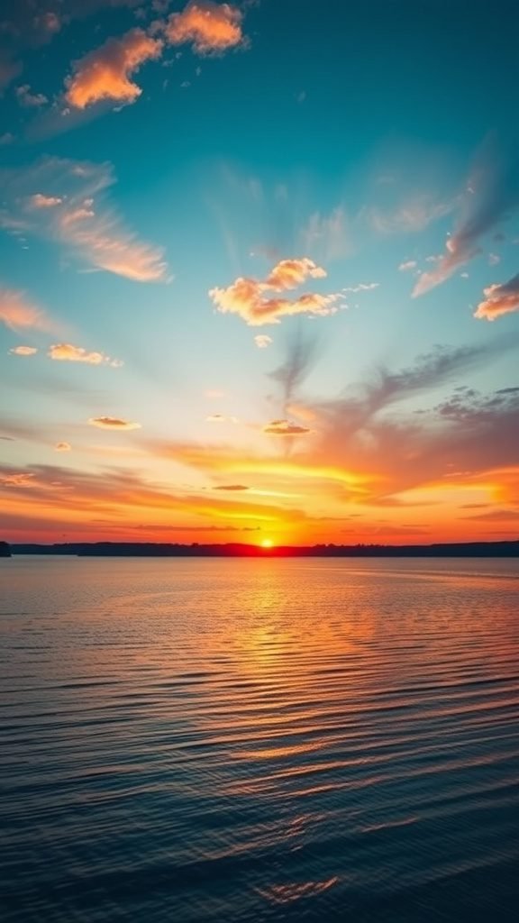 A breathtaking sunset over calm waters, with vibrant colors in the sky.