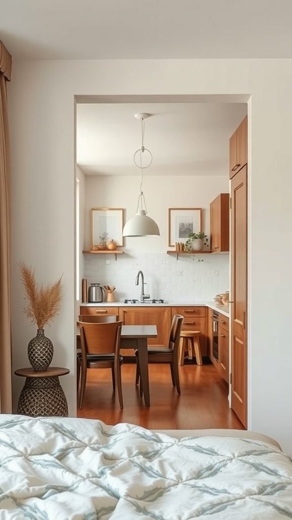 View from a dark earthy bedroom into a warm kitchen area, highlighting the connection between the two spaces.