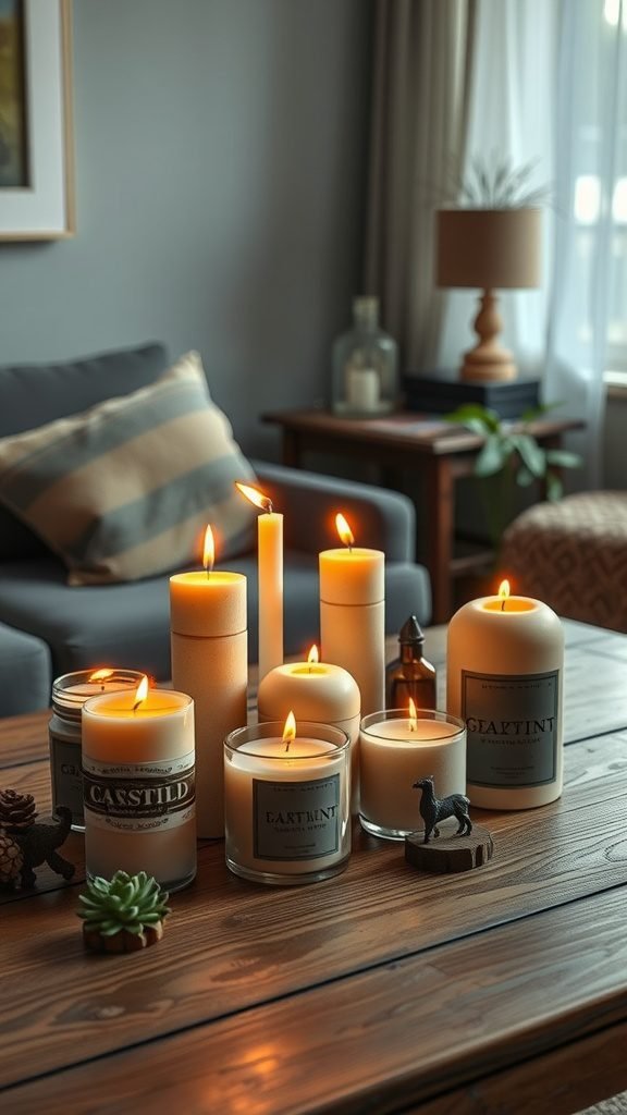 A cozy living room with various earthy scented candles on a wooden table, creating a warm and inviting atmosphere.