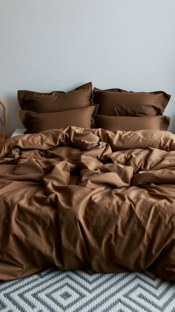 Dark brown bedding with matching pillows in a bedroom setting.