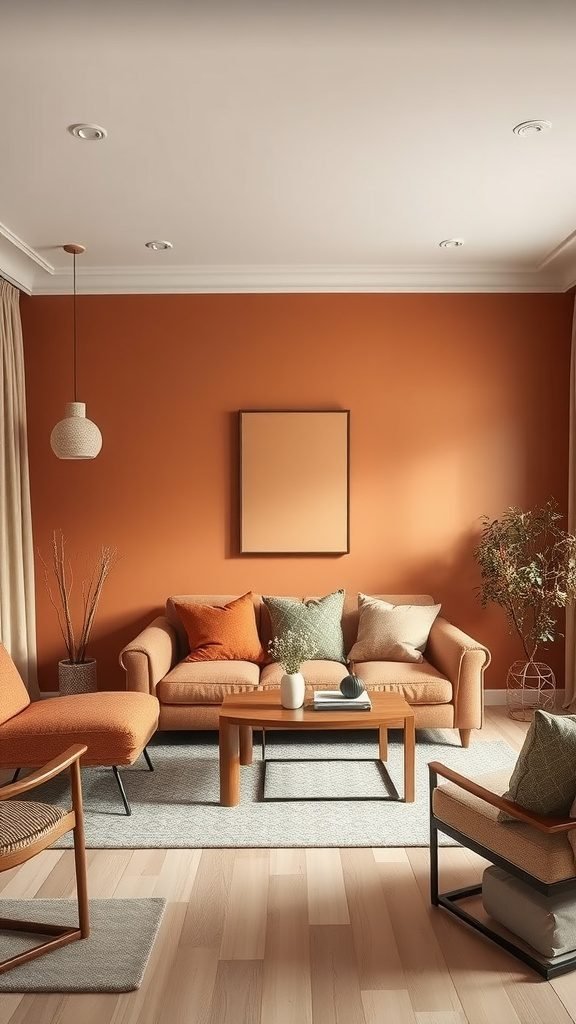 A cozy goblincore living room with earthy terracotta walls, a comfortable sofa, and natural decor.