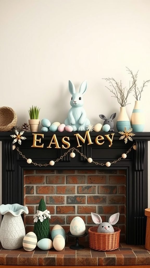 Easter-themed mantle decor featuring a blue bunny, pastel eggs, and decorative elements.