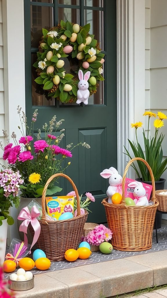 Easter porch decor featuring colorful baskets, flowers, and a wreath