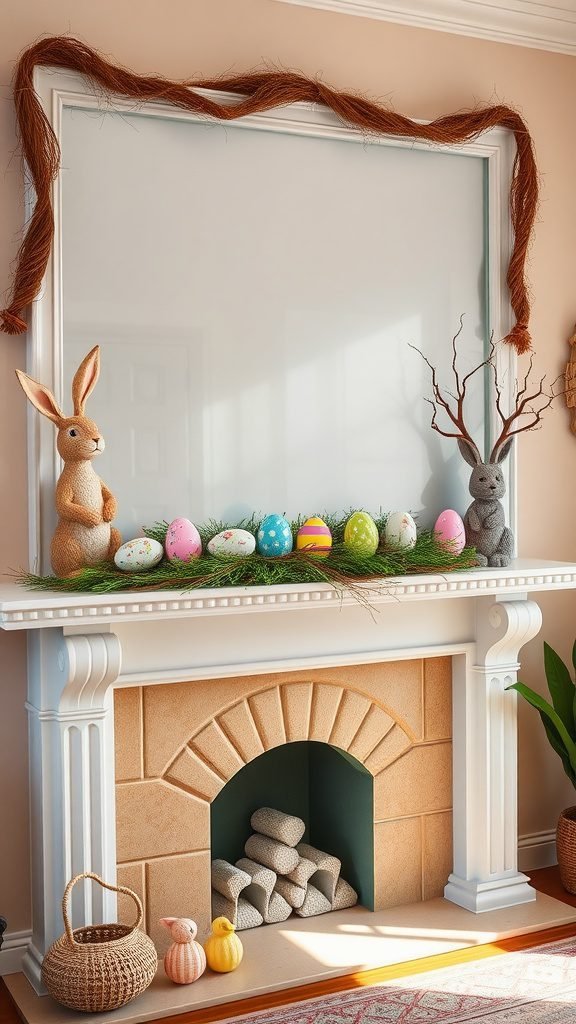A beautifully decorated Easter mantle featuring pastel eggs, plush bunnies, and branches.