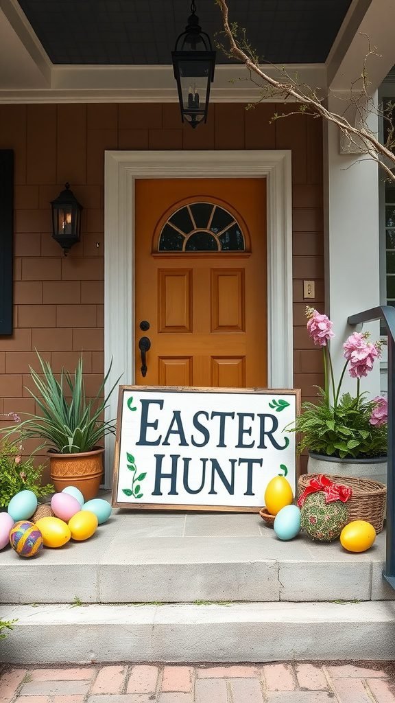 A welcoming porch with an 'Easter Hunt' sign, colorful eggs, and potted plants.