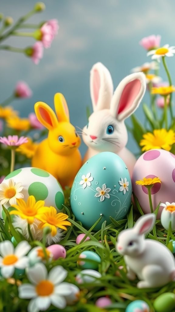 A colorful Easter scene with bunnies and decorated eggs surrounded by flowers