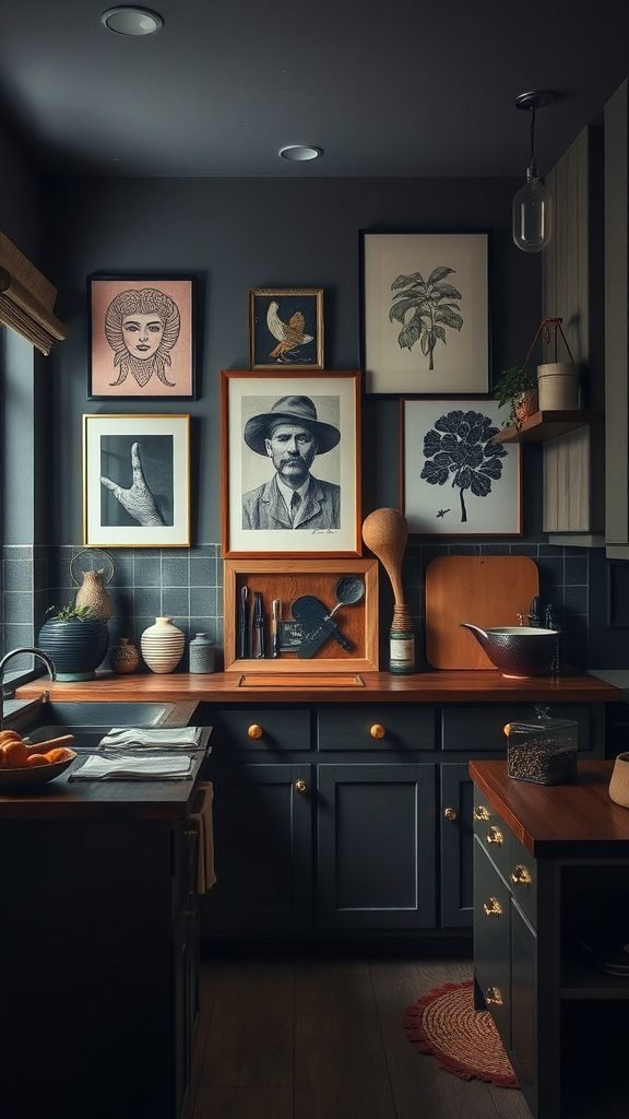 A moody kitchen featuring eclectic art on the walls, dark cabinetry, and warm wooden accents.