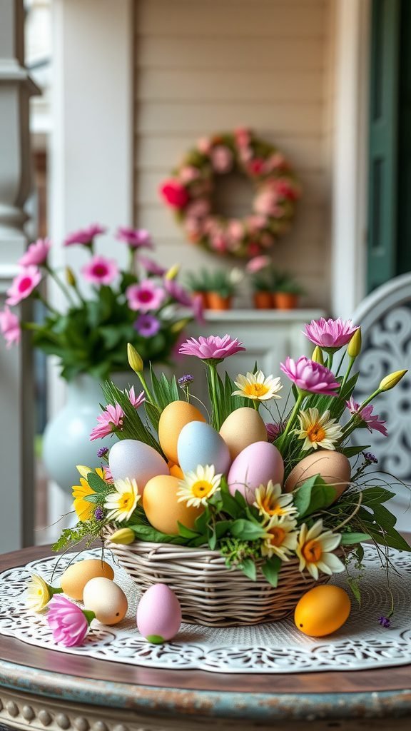 A wicker basket filled with colorful Easter eggs and flowers, set on a porch table with a floral wreath in the background.