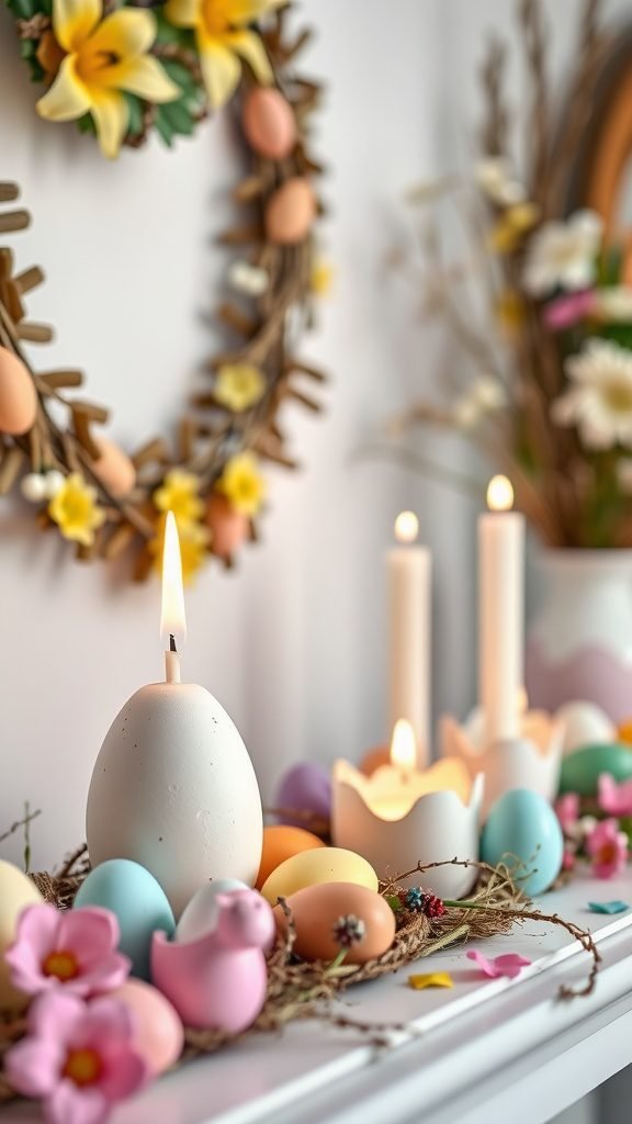 Easter mantle decor featuring pastel eggs and eggshell candle holders.