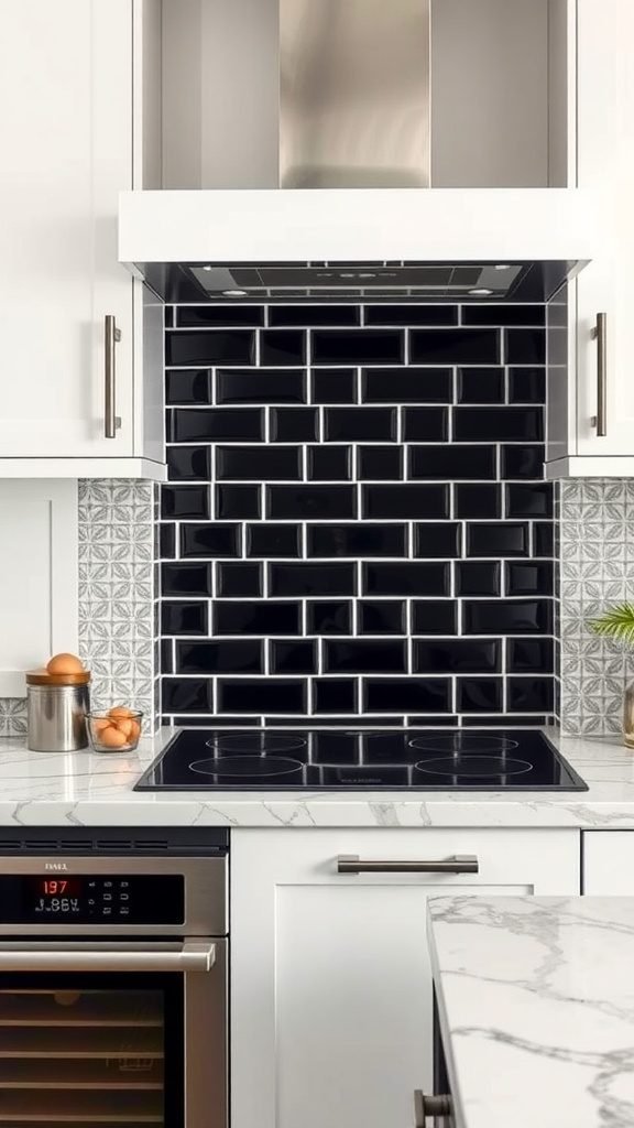 A beautiful black and white kitchen featuring a glossy black subway tile backsplash, white cabinetry, and a marble countertop.