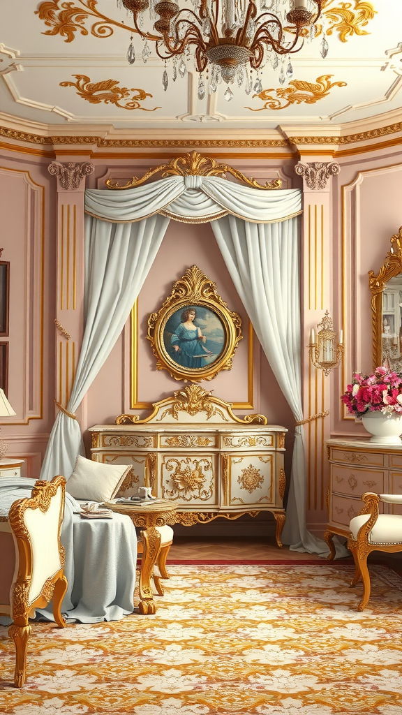 A Rococo styled bedroom featuring soft pink walls, ornate gold furniture, and elegant decor.