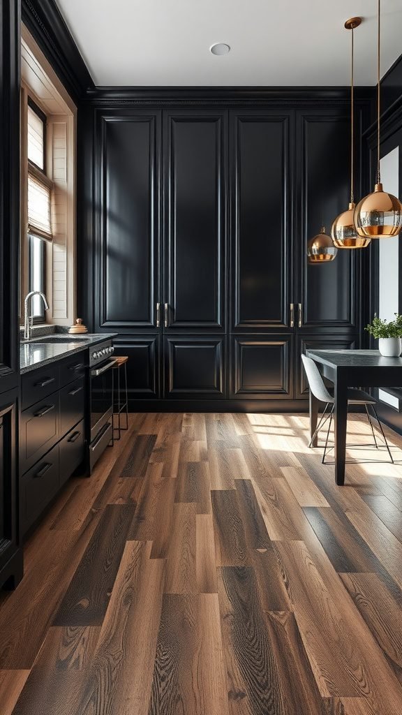 A stylish kitchen featuring dark wood flooring and black cabinetry