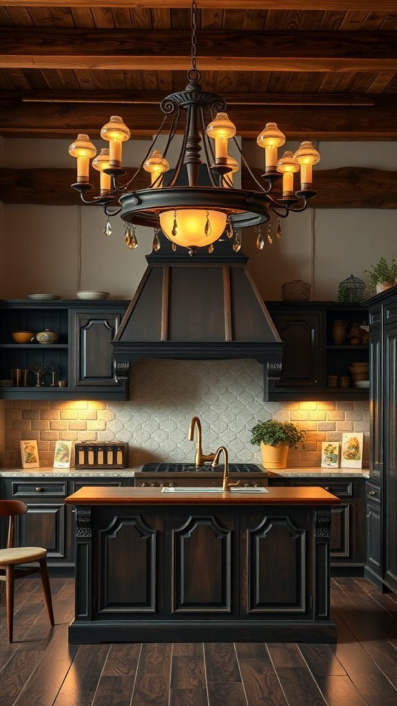 A beautifully designed kitchen featuring a large chandelier with warm lighting, dark cabinetry, and a wooden countertop.