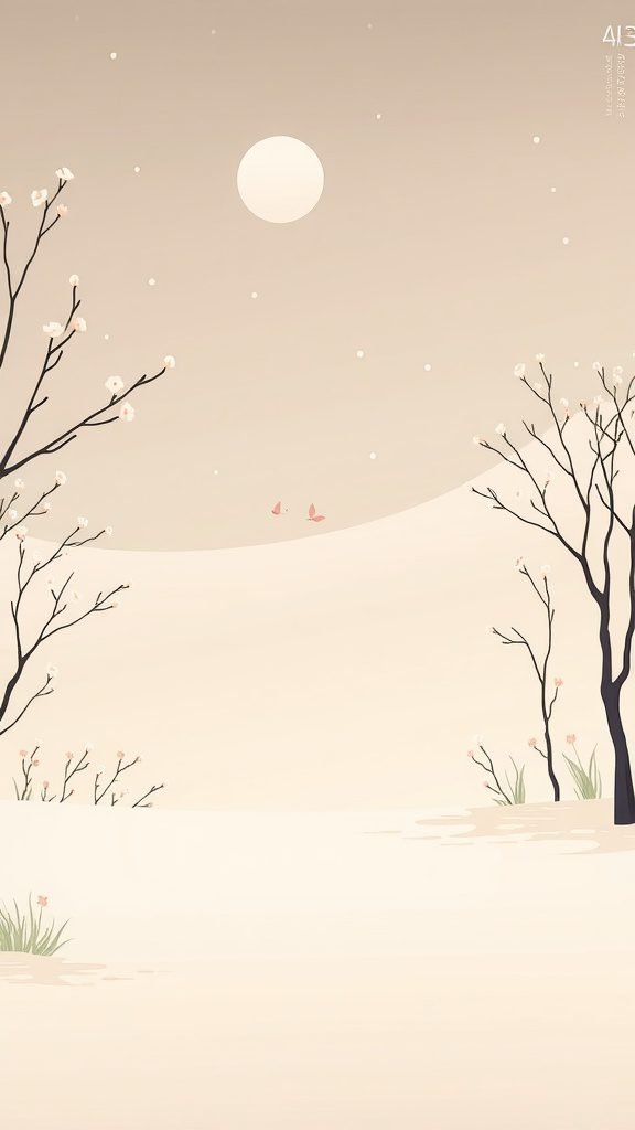 Minimalist wallpaper featuring a serene landscape with trees, a large moon, and soft colors.