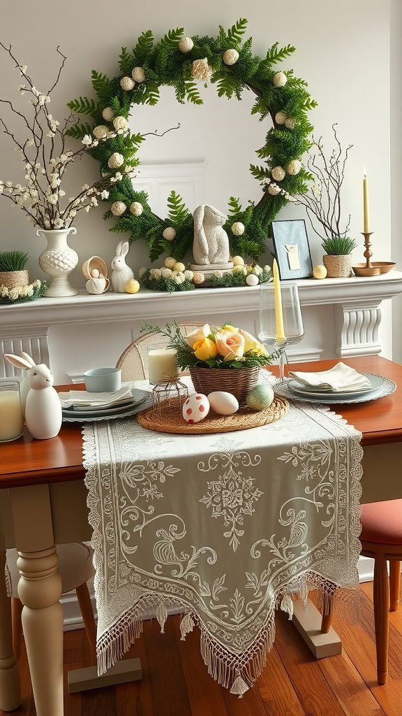 An elegant table runner on a dining table decorated for Easter with flowers, eggs, and candles.