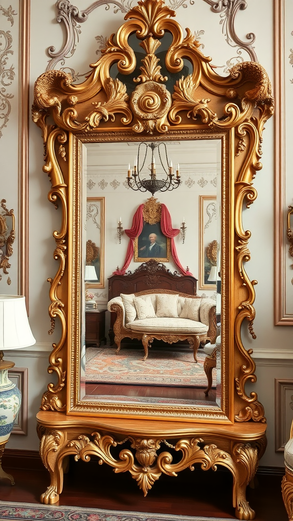 Ornately framed golden mirror in a Rococo bedroom, reflecting luxurious furnishings.