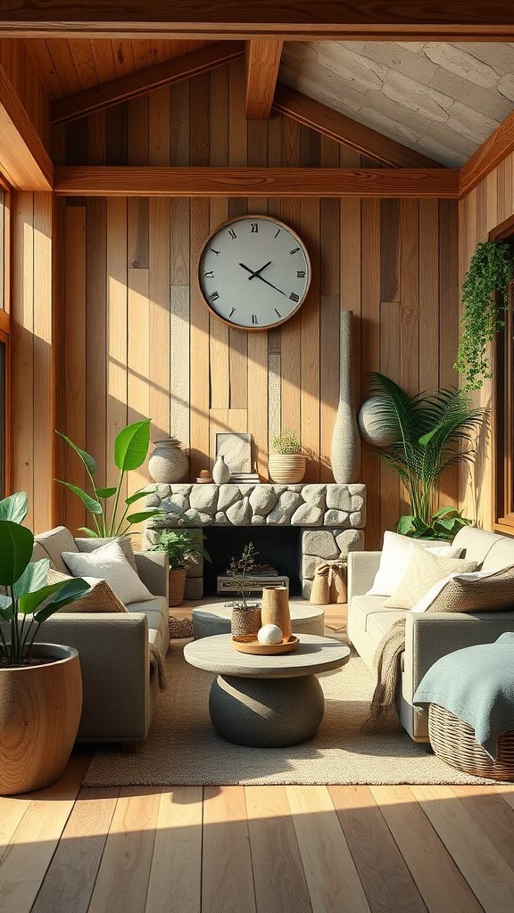 A cozy goblincore living room featuring wooden walls, plants, a stone fireplace, and comfortable furnishings.