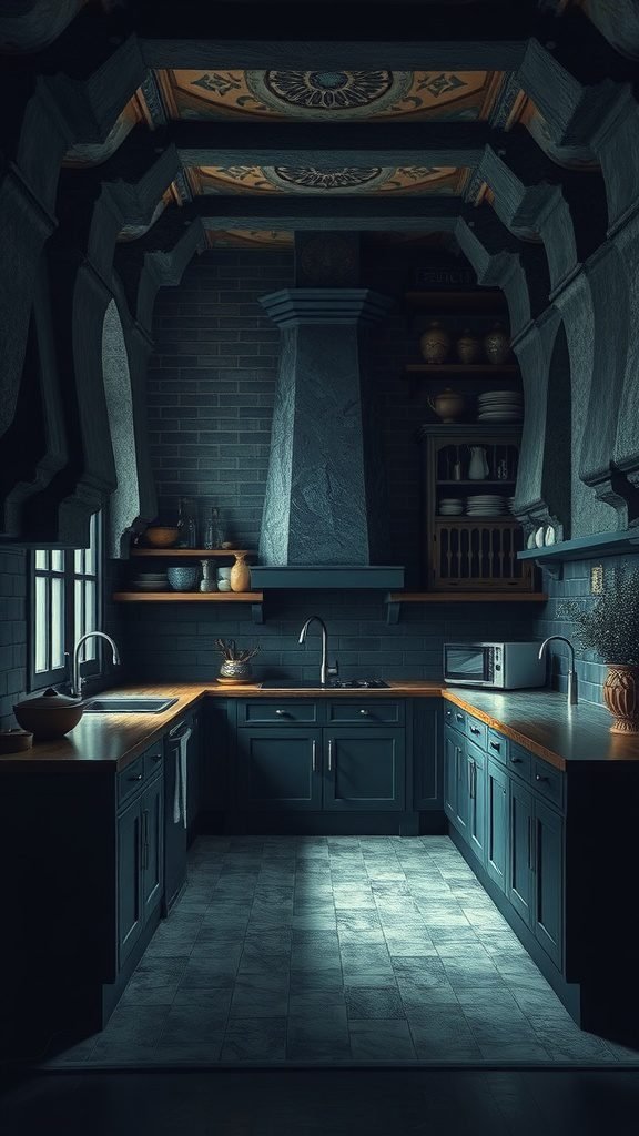 Moody kitchen featuring dark cabinetry and warm wooden countertops with intricate beam details.