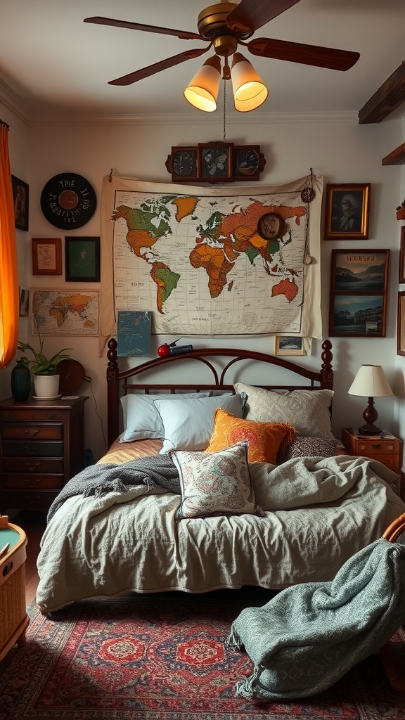 A cozy Eclectic Boho Bedroom featuring a world map, colorful pillows, and vintage decor, evoking a sense of travel.