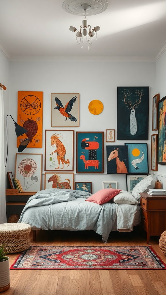 A cozy bedroom featuring a variety of eclectic art pieces on the walls, colorful bedding, and a patterned rug.