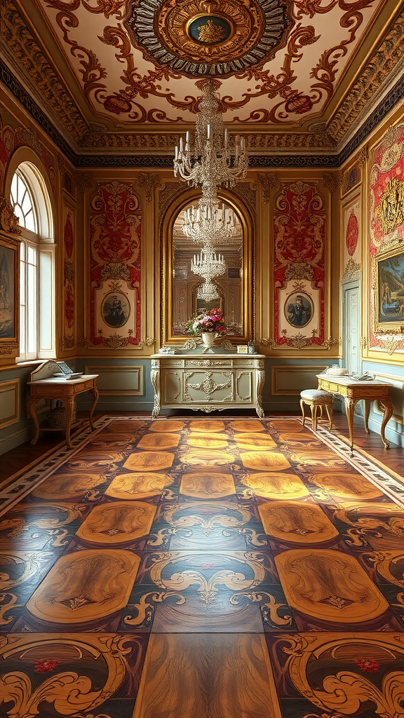 A luxurious Rococo bedroom featuring intricate wooden flooring with ornate patterns and rich colors.