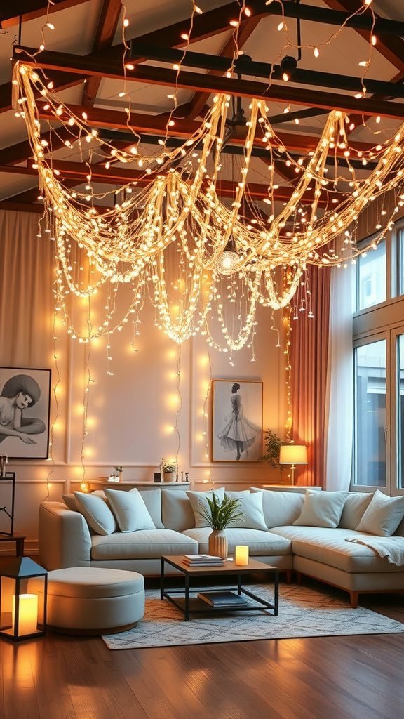 A cozy living room featuring a canopy of fairy lights hanging from the ceiling, complemented by soft furniture and decorative elements.