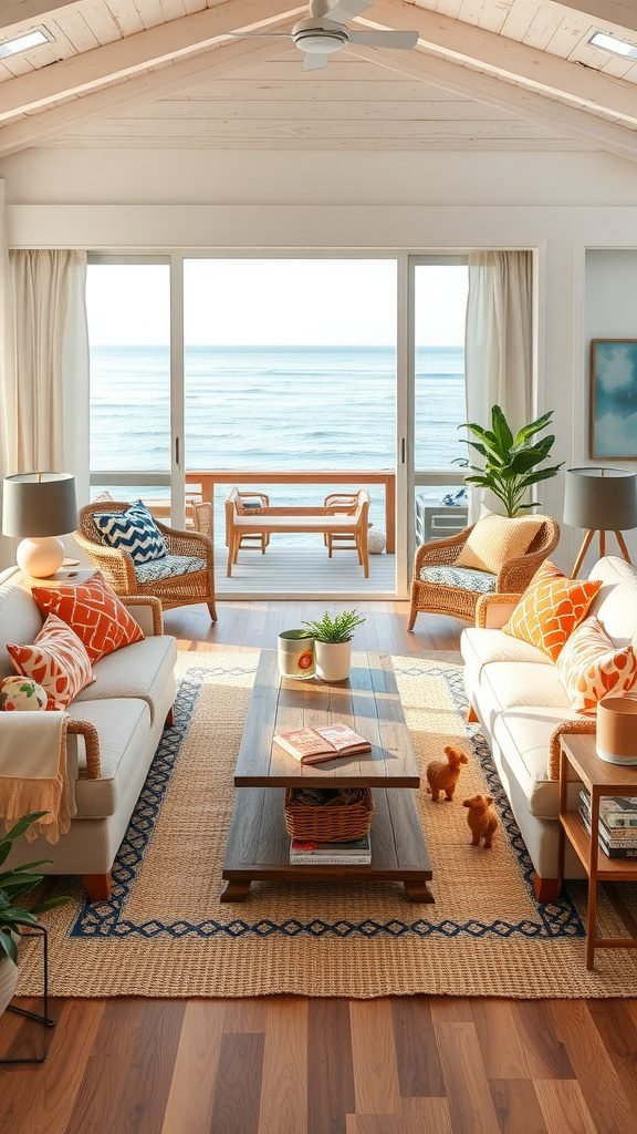 Bright and airy coastal living room with ocean view, comfortable seating, and playful decor