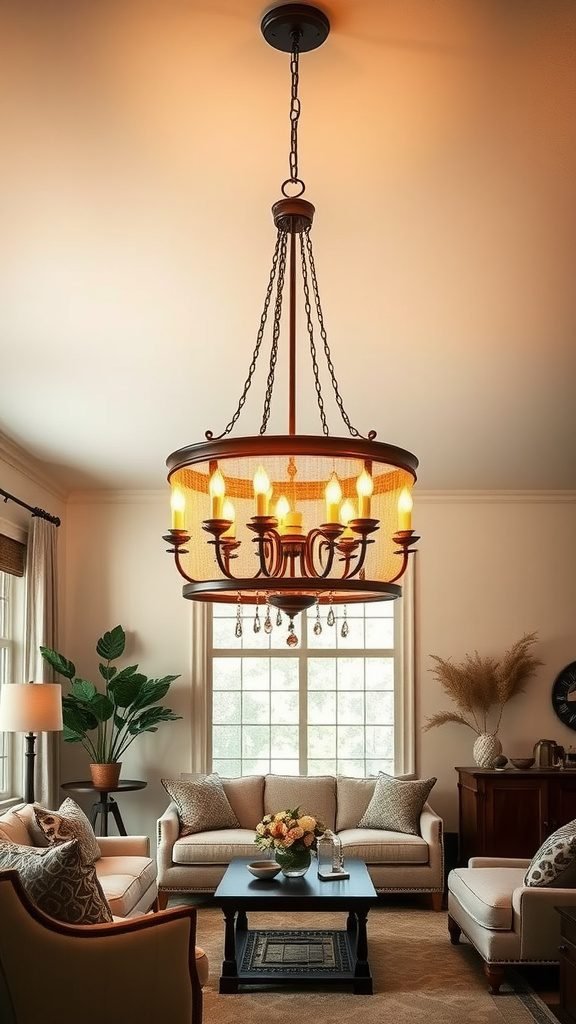 A farmhouse-style chandelier over a cozy living room with neutral furniture and large windows.